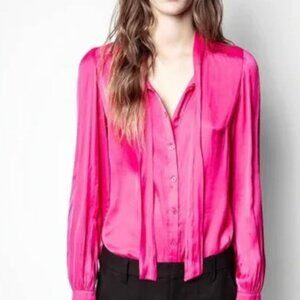 ZADIG & VOLTAIRE — Taos Satin Tie Neck Top in Pink — Small